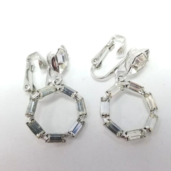 Vintage Rhinestone Dangle Clip On Earrings, Hoop Drop Design, Silver Tone, Retro - Picture 1 of 5